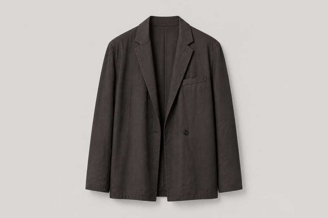 Dark blazer supplied as a Fashion Try-On garment.