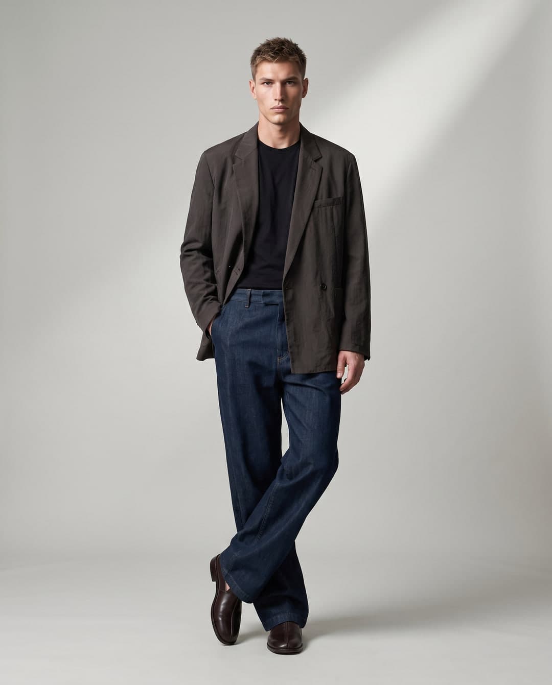 Male model wearing the blazer and dark indigo trousers after Fashion Try-On.