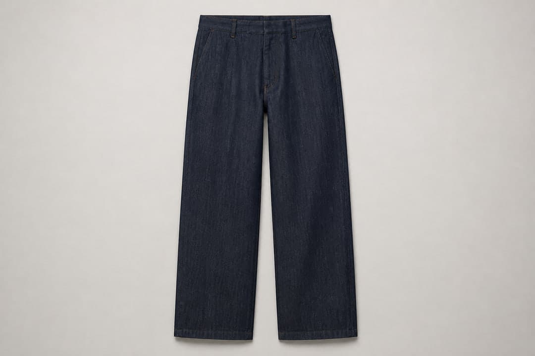 Dark indigo trousers supplied as a Fashion Try-On garment.