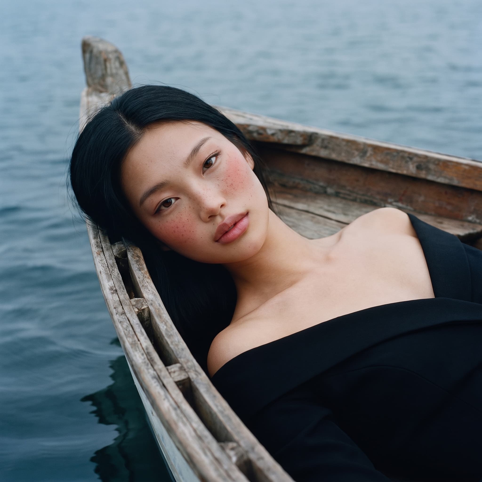 Editorial portrait of a model wearing black in a wooden boat