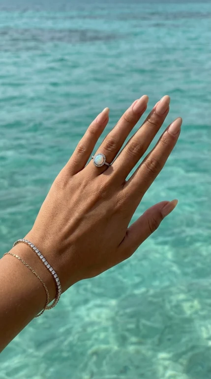 Opal Tide — Accessories example. Ring and bracelets must stay coherent; avoid extra fingers and excessive sparkle.
