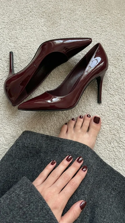 Merlot Detail — Product/detail visual. Preserve color match between heels, manicure and pedicure.