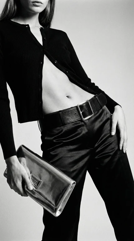 Noir Clutch — Editorial accessories example. Mature adult subject; tasteful crop. Brand text not guaranteed.