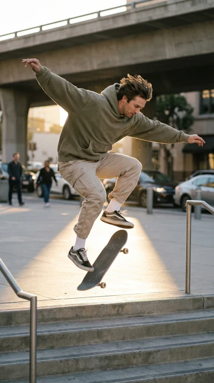 Concrete Kickflip — Sport/Streetwear example. Board rotation, feet and stair geometry must be credible.