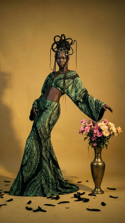 Verdant Ceremony — High-impact Editorial card. Preserve full gown silhouette and vase relationship.