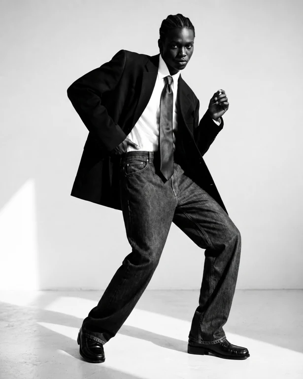 Chiaroscuro Tailoring — Monochrome editorial. The long floor shadows are essential.
