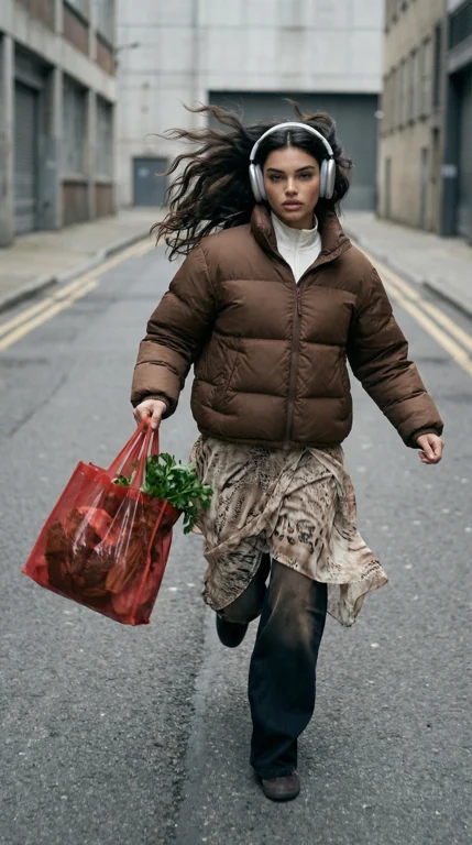Grocery Rush — Identity-based dynamic street image. Running anatomy and bag contents must be coherent.
