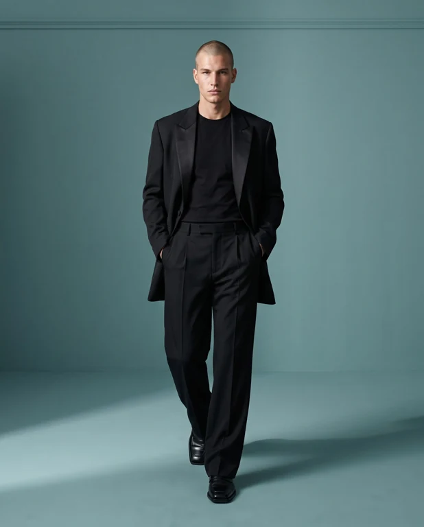 Teal Tailoring — Validated identity-controlled studio result. Background continuity and facial fidelity are critical.