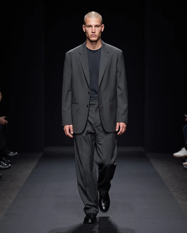 Charcoal Runway — Validated PASS. Identity reference 2 is mandatory. Side audience hints distinguish a real runway from a studio.