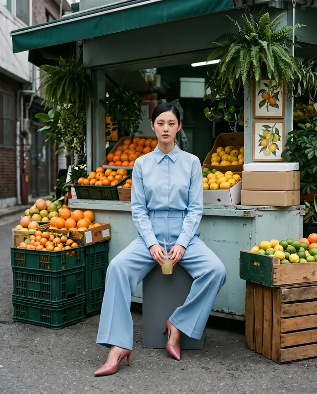 Citrus Stand — Location-style fashion set built around a green fruit kiosk, powder-blue tailoring and vivid citrus color.