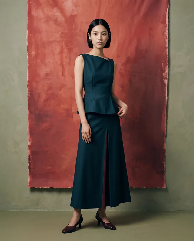 Coral Canvas — Painterly coral backdrop on muted olive walls, paired with sculptural deep-teal womenswear.