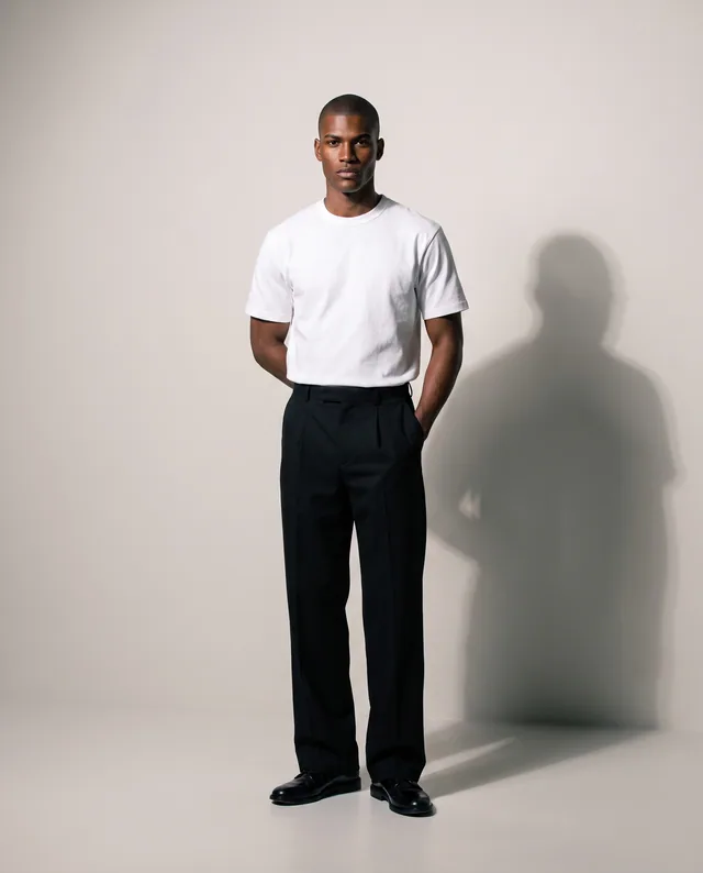Shadow Form — Minimal warm studio portrait defined by a clean oversized cast shadow and disciplined black-and-white tailoring.