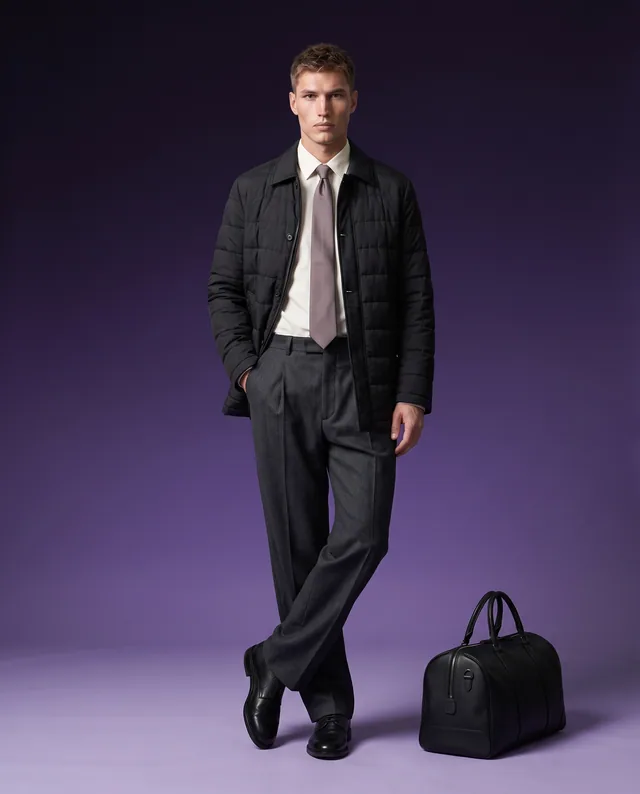Violet Transit — Formal travel editorial on a deep violet cyclorama, balancing quilted outerwear, fluid tailoring and a grounded weekender.
